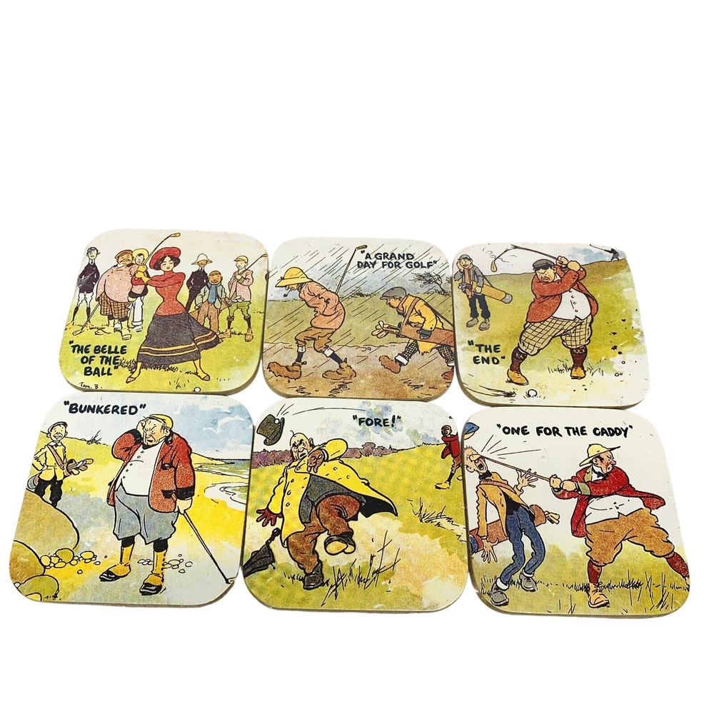 Cartoon Golfing Coasters‎ Tom Browne  Set of 6 Edwardian Scene Novelty  Gift